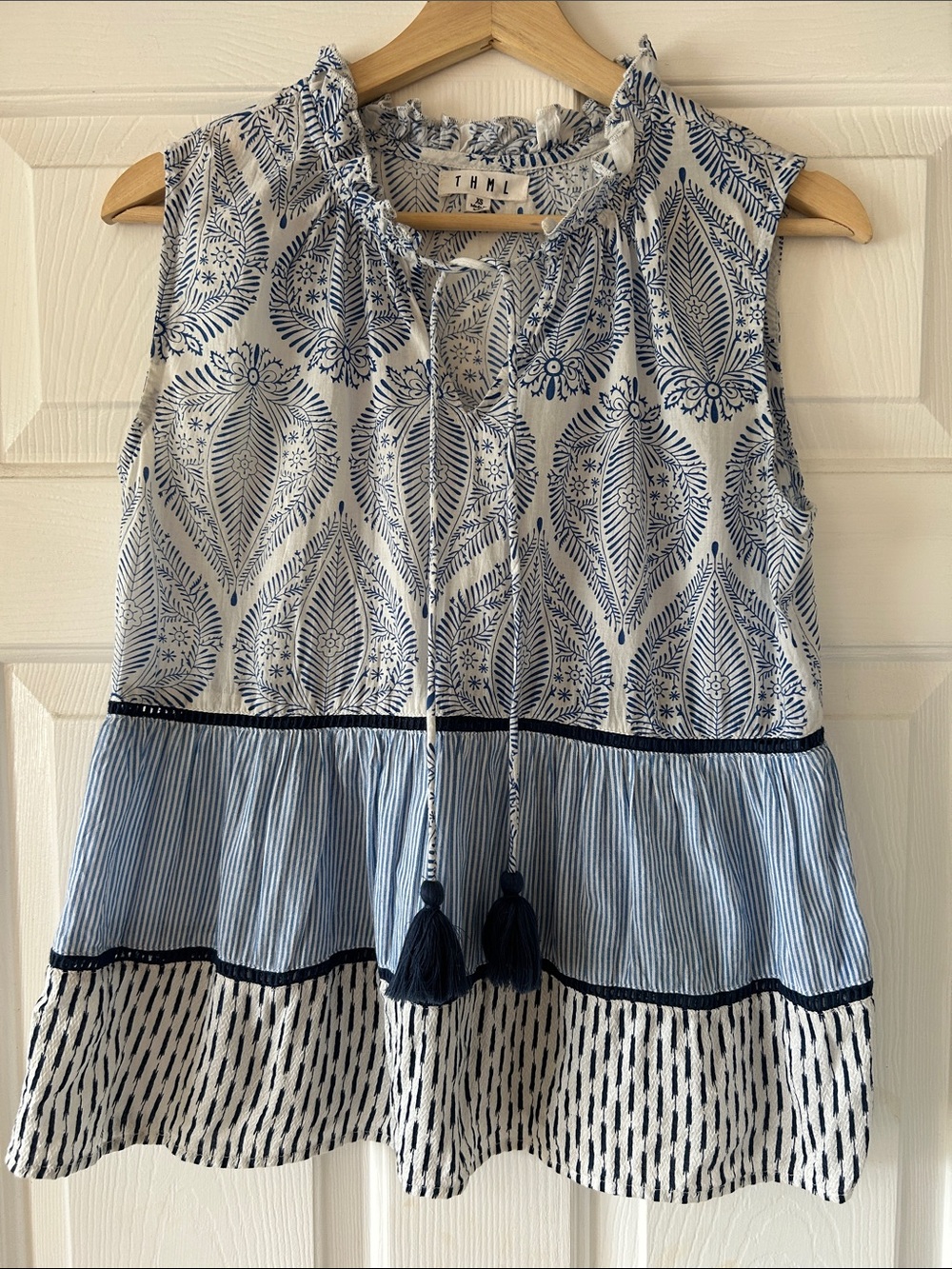 THML Navy & White Sleeveless Printed Peasant Camisole